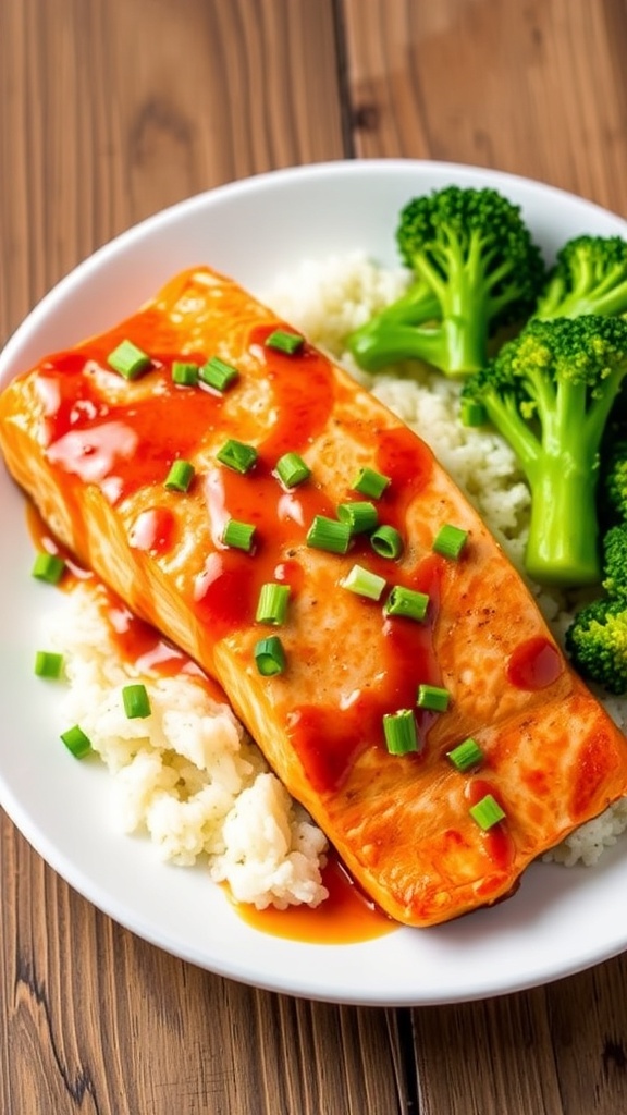 Air Fryer Salmon with Honey Sriracha Glaze Air fryer salmon fillet with honey sriracha glaze, garnished with green onions, served with broccoli and rice on a rustic table.